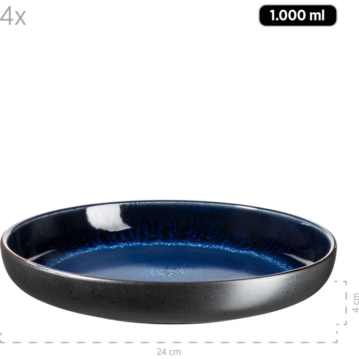 Modernes Suppenteller Set für 4 Personen in aufregendem Vintage Look, große tiefe Teller für Pasta und Suppen aus Keramik in Blau und Schwarz – Bild 2
