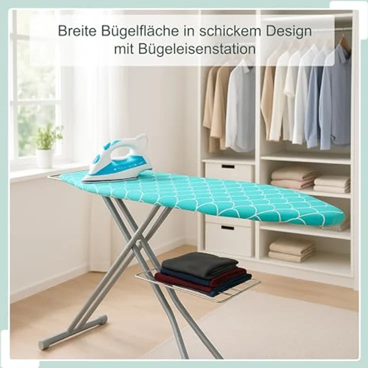 Relaxdays Bügelbrett für Dampfbügeleisen, 122 x 39,5 cm, höhenverstellbar in Türkis/Silber, klappbar mit Ablage – Bild 2