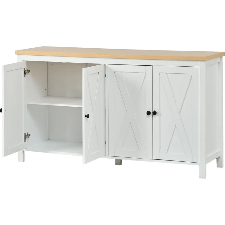 Merax 140cm Sideboard mit 4 Türen, mit Schwarzem, Rundem Griff,2 Partitionen, Multifunktionaler Aufbewahrungsschrank aus MDF-Material, Weiß – Bild 10