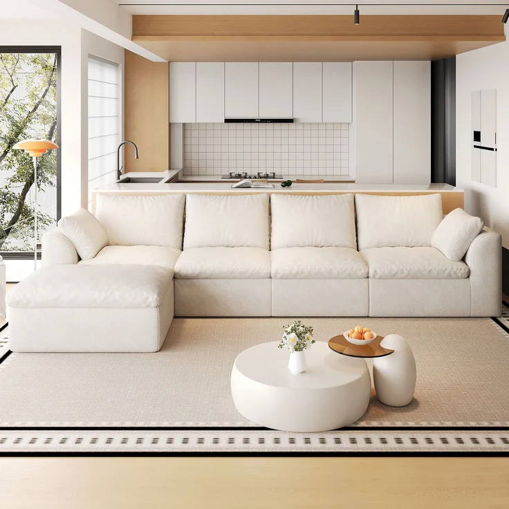 Ecksofa mit Leinenbezug und Schaumstoffpolsterung, 5-Sitzer, 310x155x83 cm, Weiß – Bild 2