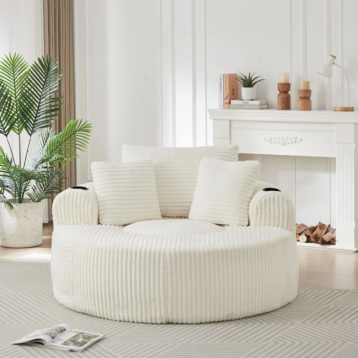 Rundes Loungesofa aus Cord, Einzelsitz Sitzsack Liegestuhl mit 3 Kissen, 2 Getränkehaltern, Seitenaufbewahrung, Rutschfest, Bequemes Relaxsofa für Wohnzimmer Schlafzimmer--Beige--146x29x32cm--YOUDENOVA – Bild 9