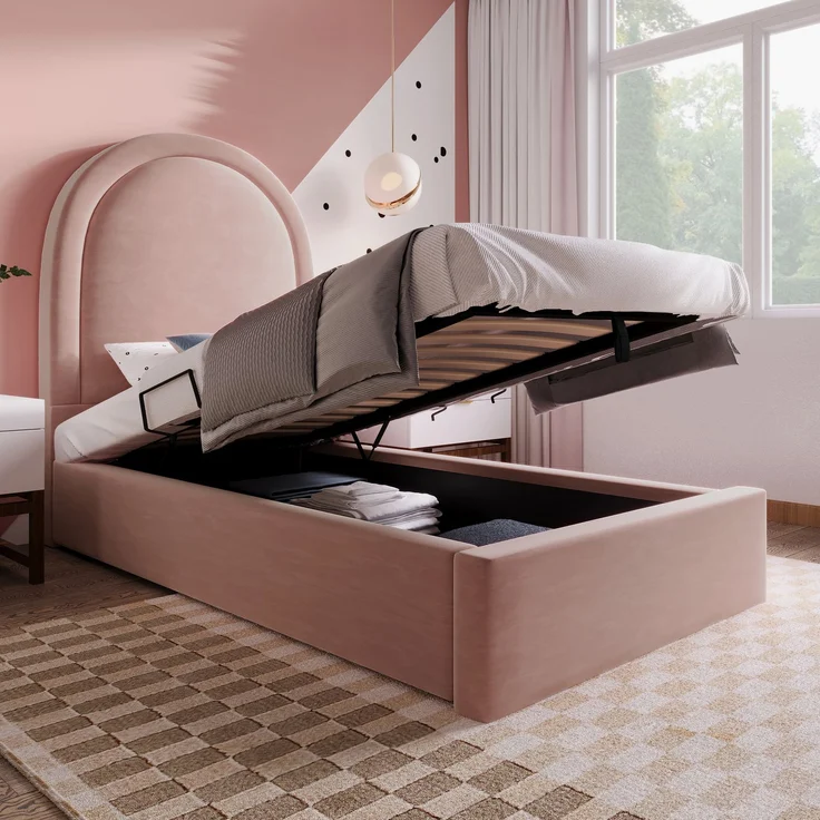 Merax Polsterbett Kinderbett, Einzelbett mit kosmischem Muster, 90 x 200 cm, Rosa, Samt für Jungen & Mädchen (Ohne Matratze) – Bild 2