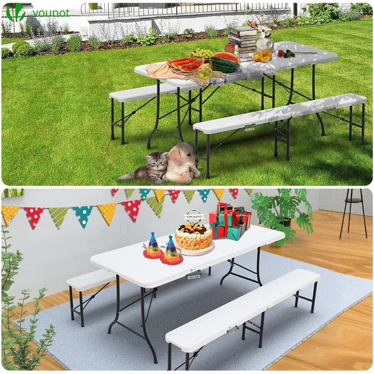 VOUNOT Bierzeltgarnitur Klappbar 3-teilig Set, 1 Biertisch & 2 Bierbänke, Festzeltgarnitur 180 x 75 x 72 cm Gartengarnitur Campingset Klapptisch, Weiß – Bild 5