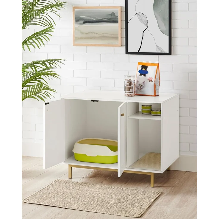 Katzenschrank, mit Tür und separater Trennwand, Spanplatte, Stahl, Weiß und Gold, 50 x 80 x 61 cm – Bild 3