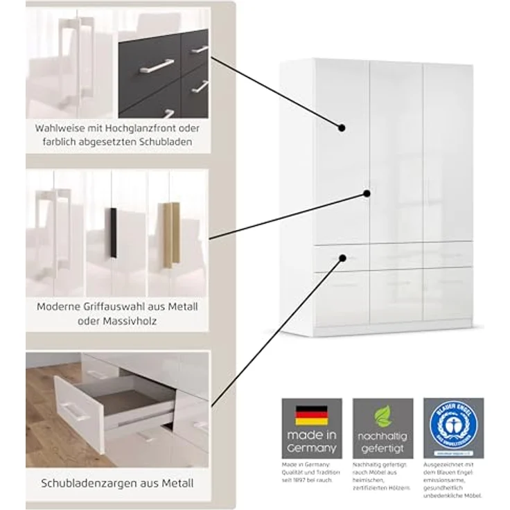 Rauch Möbel Aberdeen, Drehtürenschrank, Kleiderschrank, Garderobe, 4-türig, 8 Schubladen in Absetzung Grau metallic, Schwarz, Farbe Grau metallic/Hochglanz weiß, Griffe Grau metallic, 181 x 197 x 54 cm – Bild 6