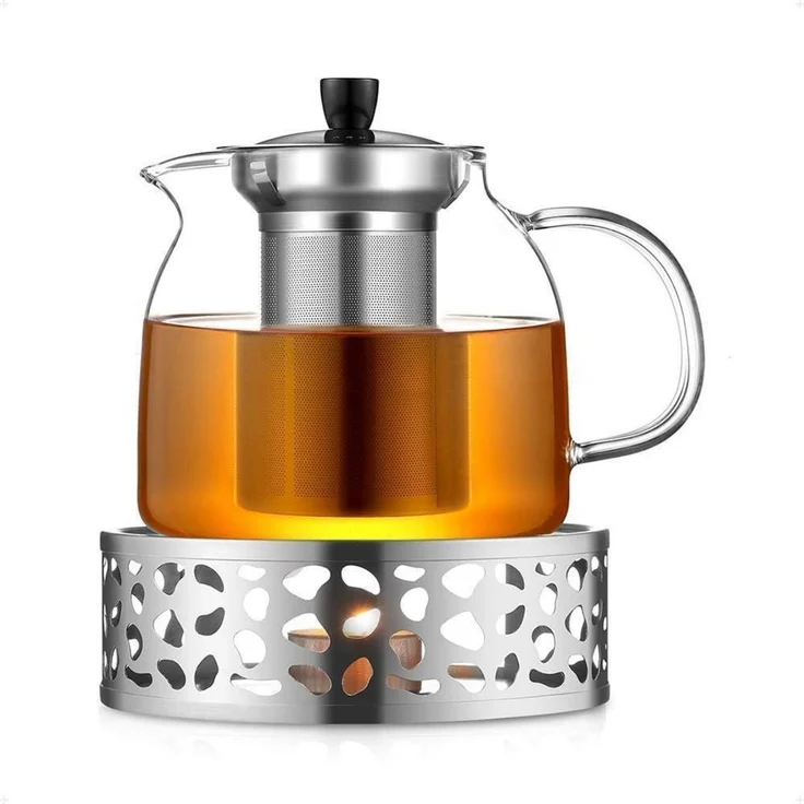 Teekanne 1000ml Stövchen Glas Edelstahl Teewärmer Type6 Silber – Bild 1