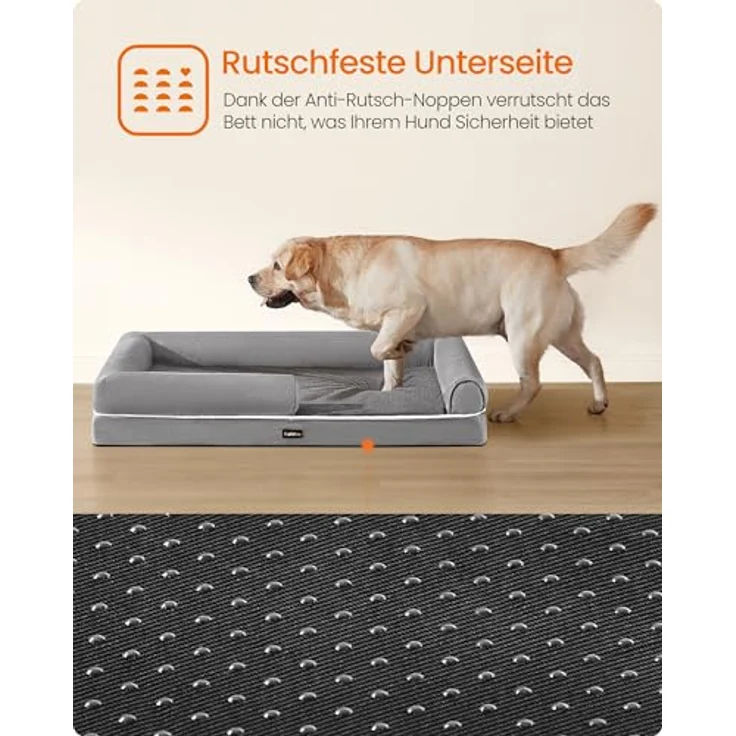 Feandrea Orthopädisches Hundebett, Hundekissen, Hundekorb, weiche Polsterung, Hundesofa, erhöhte Ränder, Bezug abnehmbar und waschbar, 135 x 107 x 25 cm, rutschfeste Unterseite, hellgrau PGW079G02 – Bild 9