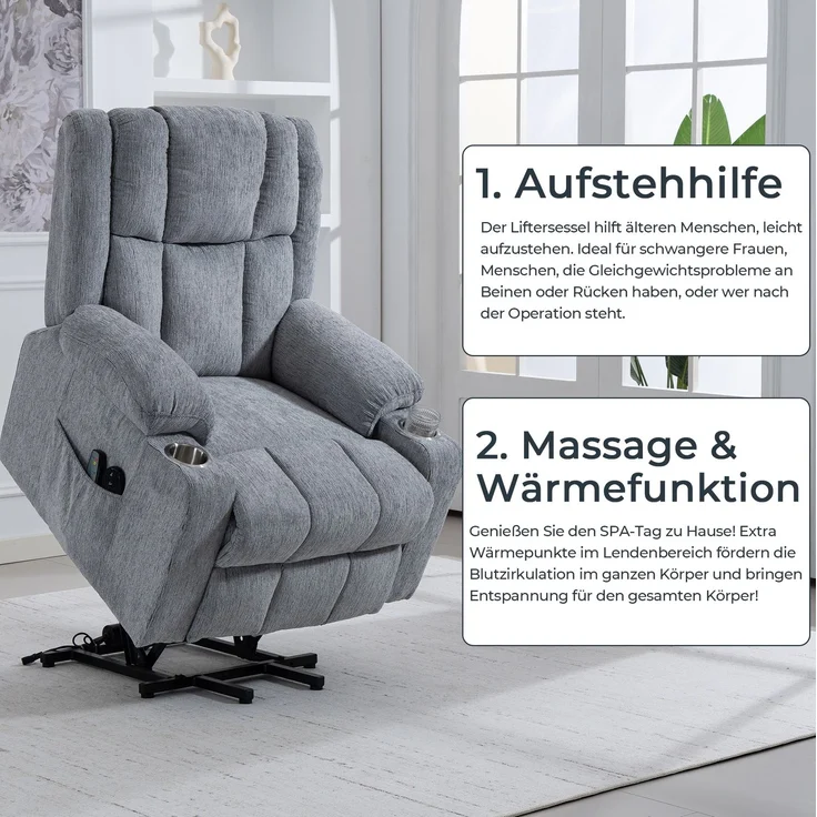 Elektrischer Relaxsessel aus Samt mit Aufstehhilfe, Massage & Wärme, 91x84x106 cm, Hellgrau – Bild 8