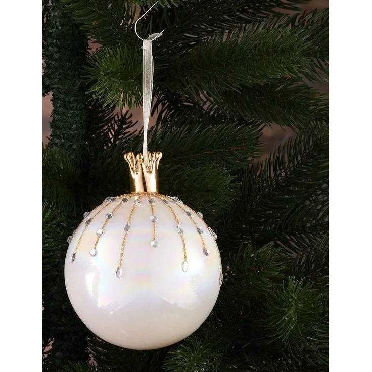 BRUBAKER Weihnachtsbaumkugel Premium Weihnachtskugel in Perlmutt Farbe - 10 cm Baumkugel aus Glas (1 St), Handarbeit - Christbaumschmuck mit Porzellan Figur Schwan oder Krone – Bild 2