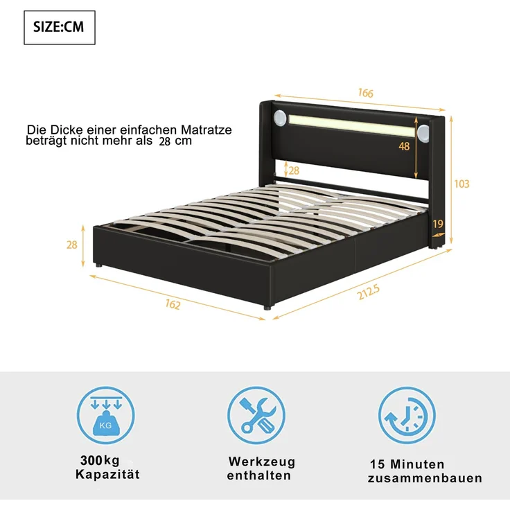 Polsterbett 160x200 Bett mit LED-Lichtleiste, Bluetooth-Player und USB-Aufladung, Stauraumbett aus PU-Leder, Hochbettkasten, Doppelbett mit Lattenrost Schwarz – Bild 8