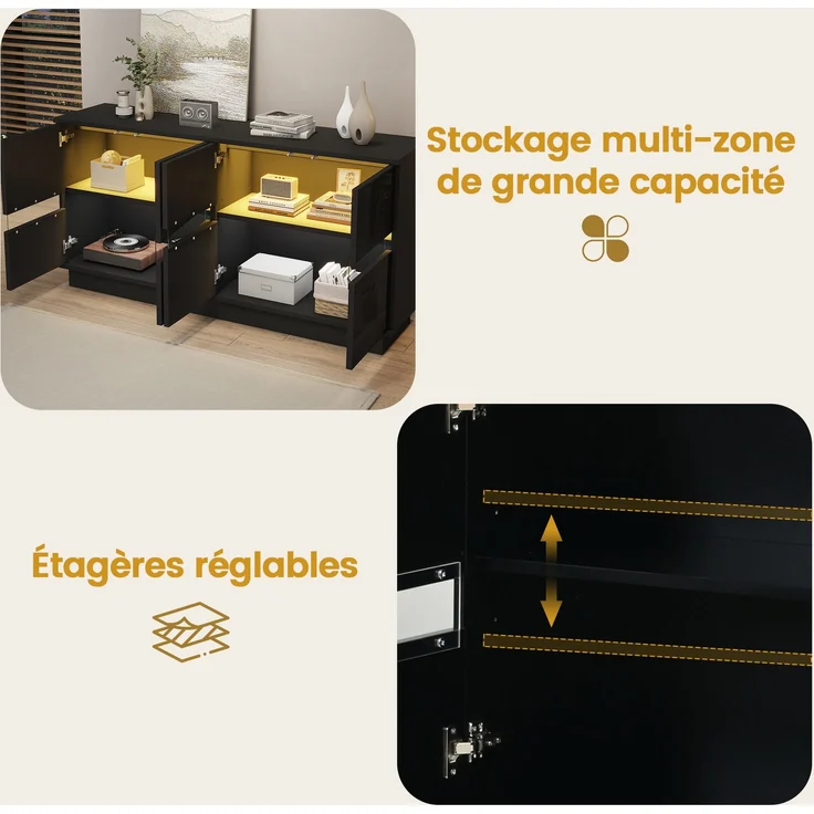 ZUBALIYA Sideboard 140x35x70 cm, mit LED-Beleuchtung, Hochglanz, mit 4 Türen, aus Spanplatte, Schwarz – Bild 10