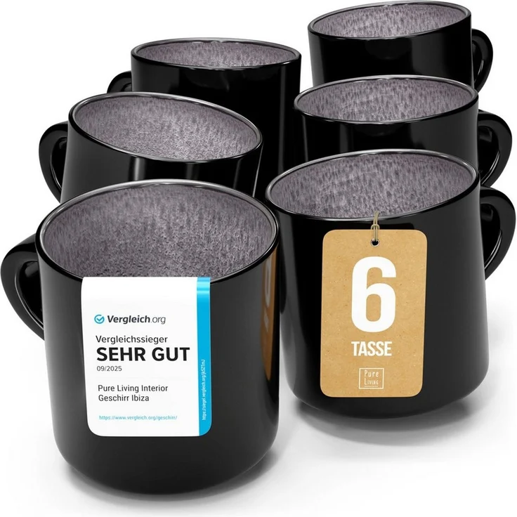 Steingut kleine Kaffeetassen 6 Pers. Ibiza Hochwertiges Mediterranes TEST SEHR GUT Tassen Set, Spülmaschinen-, Mikrowellen- und Kratzfest - Stylisches Tee- und Kaffeebecher Set - Pure Living in Grau – Bild 1