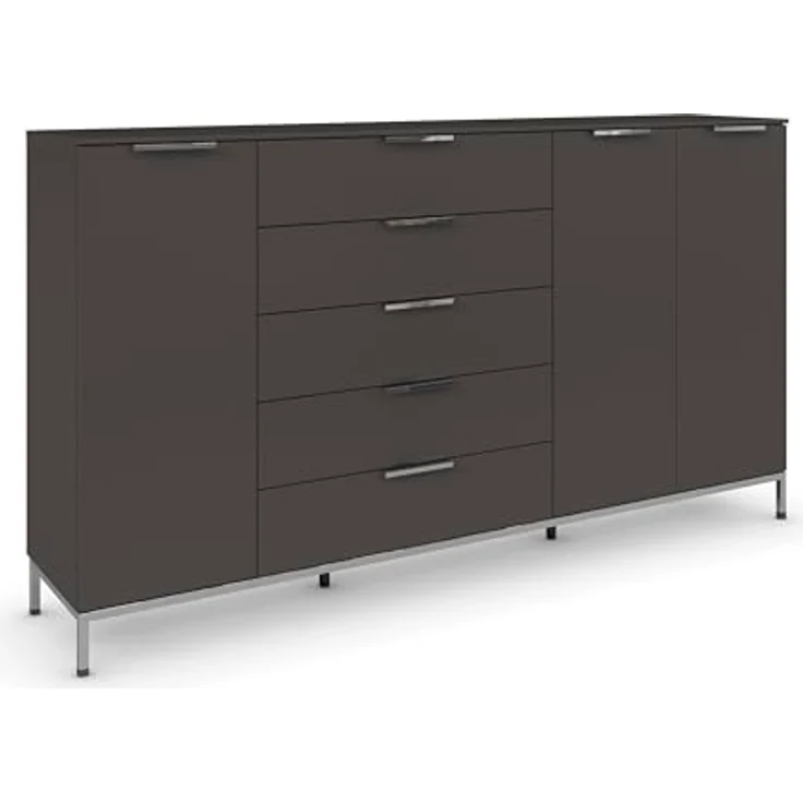 Rauch Möbel Flipp, Nachttisch für Schlafzimmer, Flur, Garderobe, 3-türig, 5 Schubladen, mit Softclose-Funktion, Griffe und Metallkufe Chrom, Farbe Graphit, Schwarz, Breite 199 cm – Bild 2