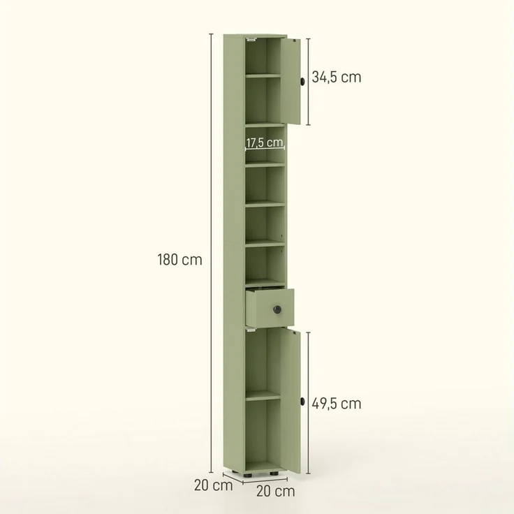 Kleankin Badkommode Hochschrank Toilettenschrank (schmaler Badezimmer-Aufbewahrungsschrank, 1 St, mit Schublade, verstellbaren Regalen), 20 x 20 x 180 cm, Grün – Bild 3
