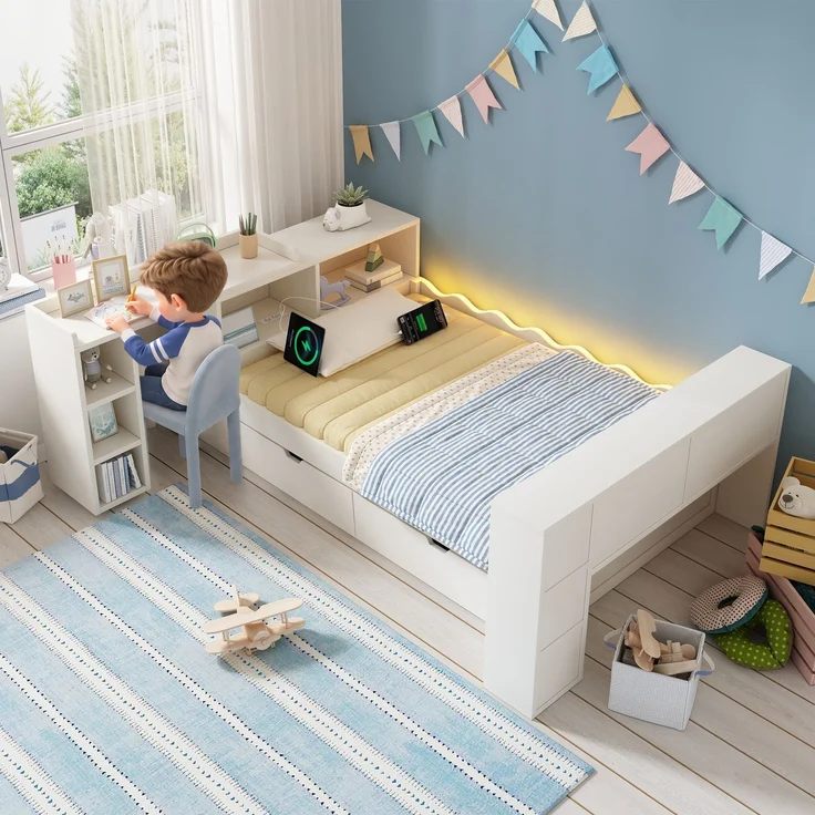 Bett 90x200 cm in Weiß mit Schubladen, LED und ausziehbarer Tischplatte, ohne Matratze – Bild 1