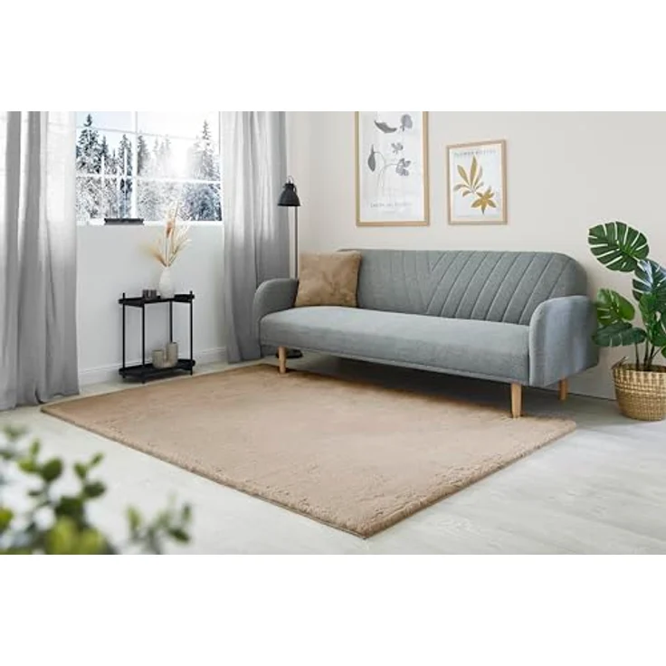 -LUXOR- living Kunstfell Coste Flauschiger Teppich Schlafzimmer - ideal zur Verwendung als Bettvorleger Schlafzimmer - gemütlicher Fellteppich Lammfell Imitat 60 x 120 cm Taupe – Bild 6