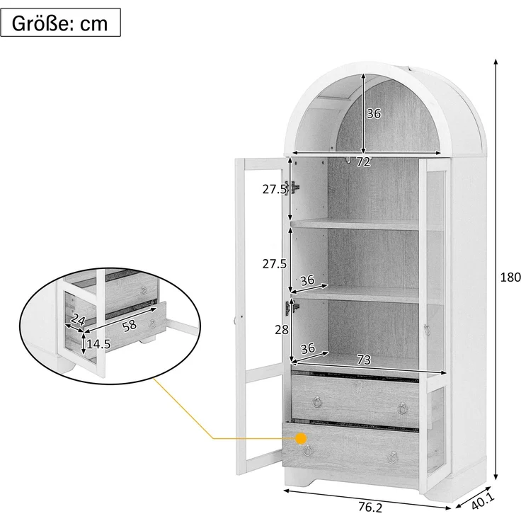 ZUBALIYA Highboard mit verstellbaren Regalböden und Schubladen / Küchenschrank mit transparentem Glas und großem Stauraum, mit ideal für Esszimmer und wohnzimmer und Küche (Weiß) – Bild 8