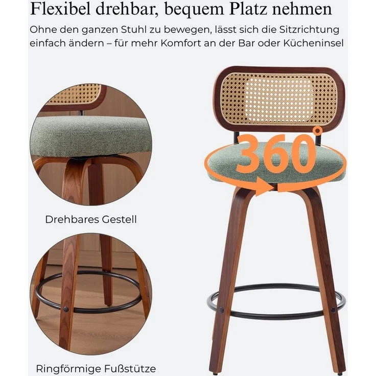 SeedWave Barhocker 3er-Set Tresenhocker mit Drehfunktion und PE-Rattanlehne (3er Set), 65 cm Sitzhöhe mit Metallfußstütze für Kücheninseln – Bild 3