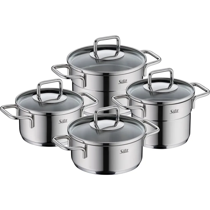 Silit Topf-Set Extra Cook Mini, Kochgeschirr-Set Induktion mit Glasdeckeln, stapelbar, Edelstahl 18/0 (Set, 8-tlg, 2 x Kochtopf 12/14cm, 2 x Bratentopf 12/14cm, 2 x Glasdeckel 12/14cm), SiliTherm Universalboden, breiter Schüttrand, spülmaschinengeeignet