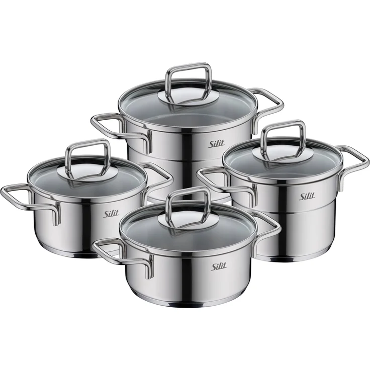 Silit Topf-Set Extra Cook Mini, Kochgeschirr-Set Induktion mit Glasdeckeln, stapelbar, Edelstahl 18/0 (Set, 8-tlg, 2 x Kochtopf 12/14cm, 2 x Bratentopf 12/14cm, 2 x Glasdeckel 12/14cm), SiliTherm Universalboden, breiter Schüttrand, spülmaschinengeeignet – Bild 1