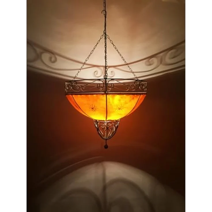 Marrakesch Orient & Mediterran Interior Pendelleuchte Demren Orange – Marokkanische Hängeleuchte Lampe aus Ziegenleder 45cm, Handarbeit – Bild 8