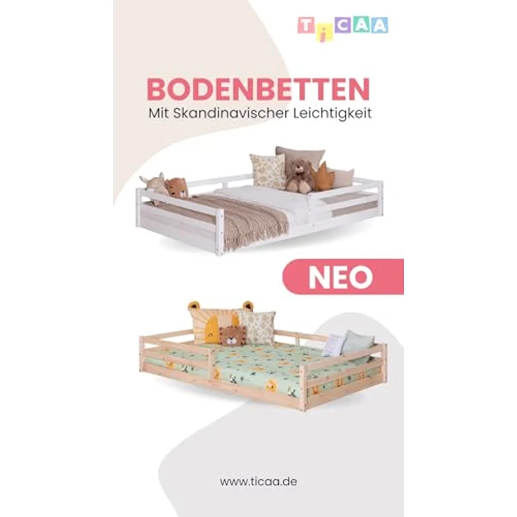 Ticaa Kinderbett, Neo Hausbett Bodenbett mit Rausfallschutz 150kg, inkl. Lattenrost & abnehmbarem Rausfallschutz, 90x200, Weiß – Bild 11