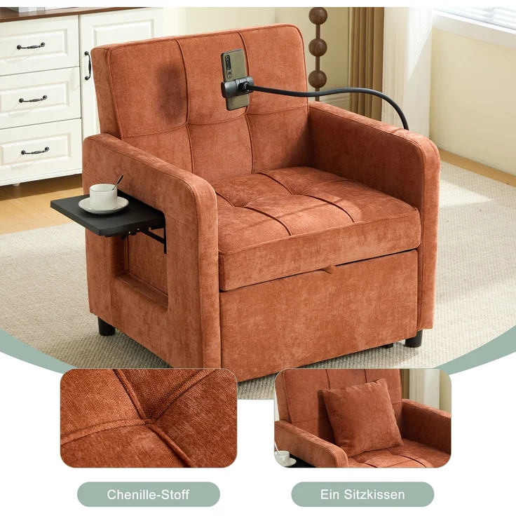 LVHOM Multifunktionaler Schlafsessel mit klappbarer Ablage, Ausziehbares 1-Sitzer Schlafsofa mit Handyhalter und Seitentaschen, Loungesessel, Orange – Bild 7