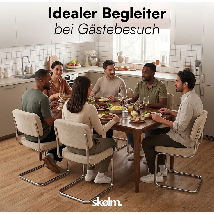 skølm 'Thund' Esszimmerstühle 6er Set, beige, Polsterstuhl aus Cord mit verchromten Metallgestell, Schwingstuhl bis 120 kg belastbar – Bild 10