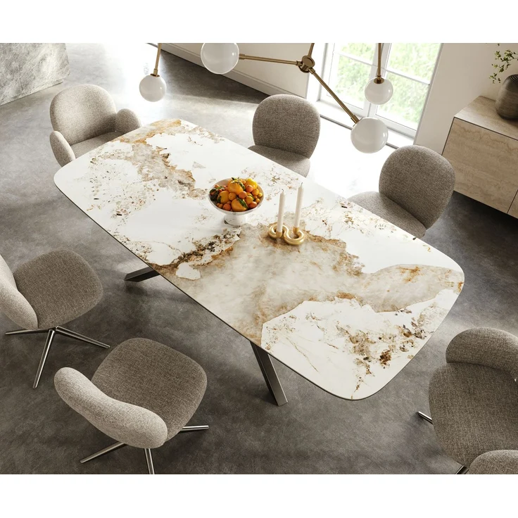 Esstisch Edge Boot 240x120 cm Keramik Minas Melange Weiß-Beige Kreuzgestell Rechteck Edelstahl Graphit – Bild 4