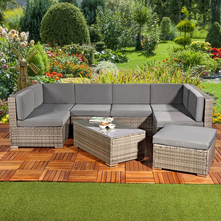 Gartensitzgruppe Terrassenmöbel Polyrattan Lounge Garnitur Essgruppe grau – Bild 3