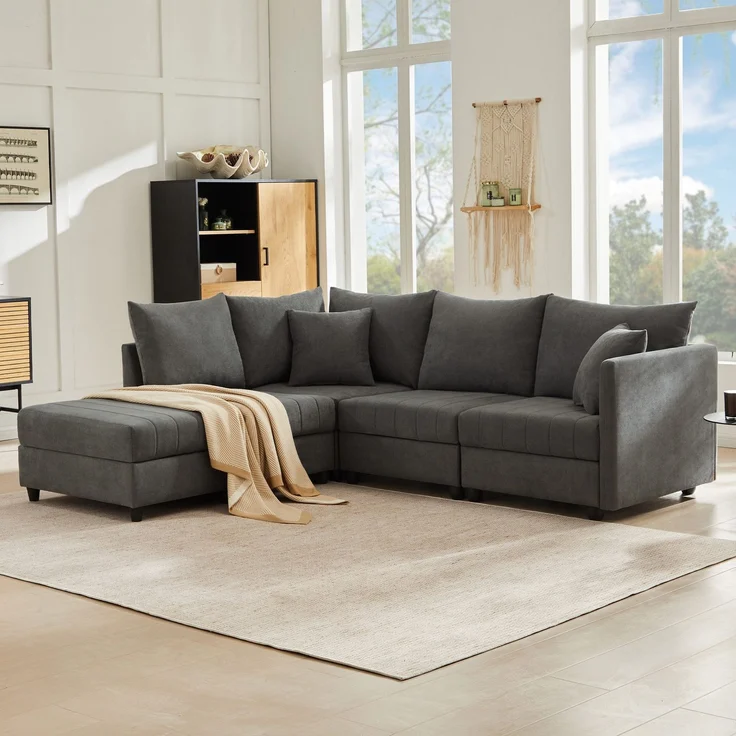 Big-Sofa mit Rückenkissen, Zierkissen, loser Rückenkissen und Zierkissen, 5-Sitzer Sofa, Leinen Bezug – Bild 1