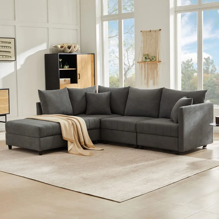 Big-Sofa mit Rückenkissen, Zierkissen, loser Rückenkissen und Zierkissen, 5-Sitzer Sofa, Leinen Bezug