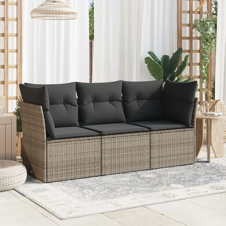 vidaXL Garten-Sofagarnitur mit Kissen, 3-teilig, Polyrattan, Grau – Bild 1