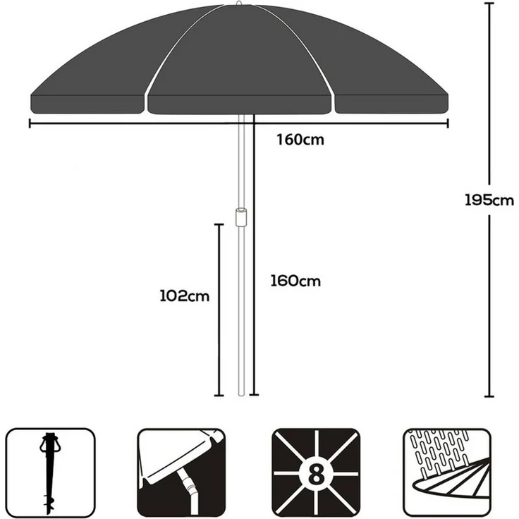 Sekey Sonnenschirm Ø 160 cm Rund Strandschirm Balkonschirm mit Tragetasch und Bodenhülse, LxB: 160x160 cm, 3-in-1 Sonnenschirm, Neigungswinkel und Höhe verstellbar,für Garten – Bild 2