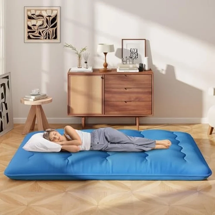 FANTASK Japanische Bodenmatratze, 140x200 cm, Futon -Matratze Tatami -Matte, Klappmatratze mit waschbarem Bezug und Tragetasche (Blau) – Bild 6