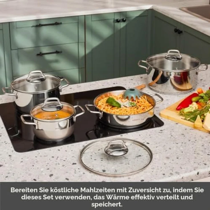 Karaca Belgrad 15-teiliges Topf-Set aus Edelstahl mit hitzebeständigen Deckeln, inkl. Bratpfanne und Kaffeekannen-Set – Bild 5