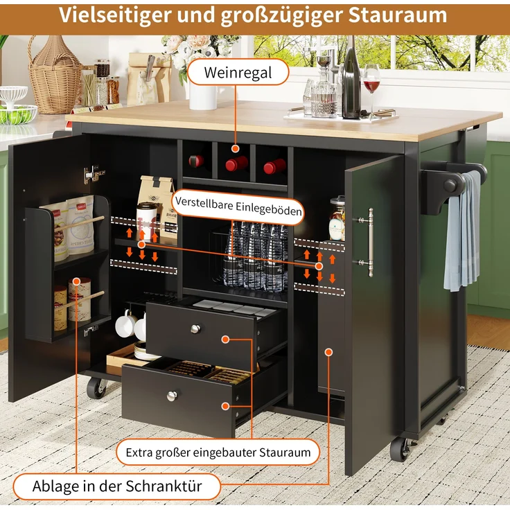 Kücheninsel mit Stauraum und klappbarer Arbeitsplatte, Küchenwagen mit Schubladen, Doppeltüren, Weinregal, Handtuch- & Gewürzhalter, 92.2cmx137.9cmx45-73cm, Schwarz – Bild 4