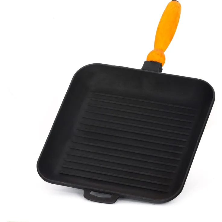 Gusseisen Grillpfanne 28x28 cm mit abnehmbarem Holzgriff – Grillstreifen-Effekt für Induktion & Backofen Steakpfanne Bratpfanne