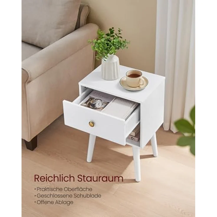 Vasagle Nachttisch, Beistelltisch mit Schublade und offener Ablage, Holzbeine, Couchtisch für Wohnzimmer, Schlafzimmer, Sofa, schneeweiß – Bild 5