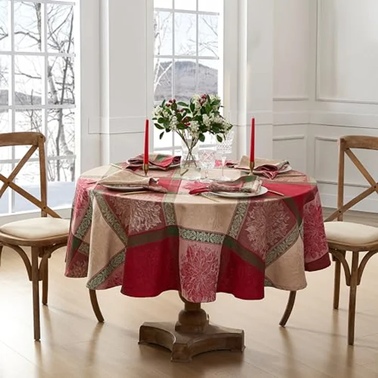 Elrene Home Fashions Prestige Tischdecke, Weihnachtsstern, Jacquard, gewebte Baumwolle, rund, 177,8x177,8 cm – Bild 3