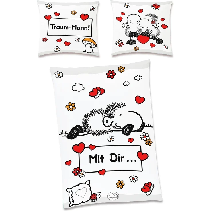 JACK Partnerbettwäsche JACK Renforcé Bettwäsche sheepworld Traum Mann & Frau 135x200cm 4 tlg, Renforcé, 4 teilig, Partner-Wendebettwäsche mit witzigem Schaf und Herzen, Reißverschluss – Bild 3