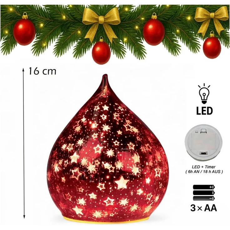 formano LED Deko Farbglas Tropfen Sterne Rot 16 cm Glasleuchte in Crackle-Optik + Timer (6h an/18h aus), Batteriebetrieben. – Stimmungslicht für Winter & Weihnachten – Dekoleuchte für gemütliches Zuhause – Bild 2