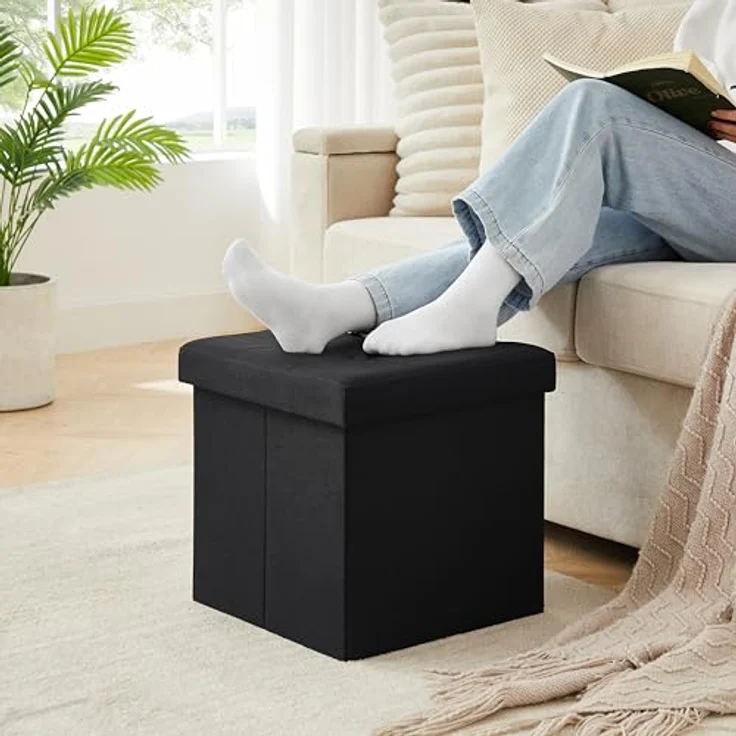 Zedelmaier Sitzhocker mit Stauraum, Fußbank Truhen Aufbewahrungsbox faltbar belastbar bis 300 kg, Leinen, 38 x 38 x 38 cm (Dunkles Schwarz) – Bild 3