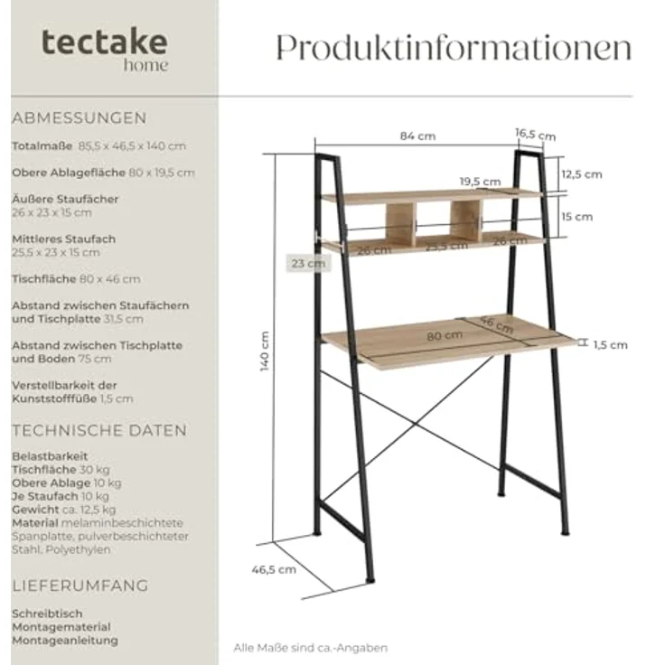 tectake Schreibtisch Computertisch Exeter 85,5x46,5x140cm (1-St, 1 tlg), Rustikaler Schreibtisch im schnörkellosen Industrial Style – Bild 2