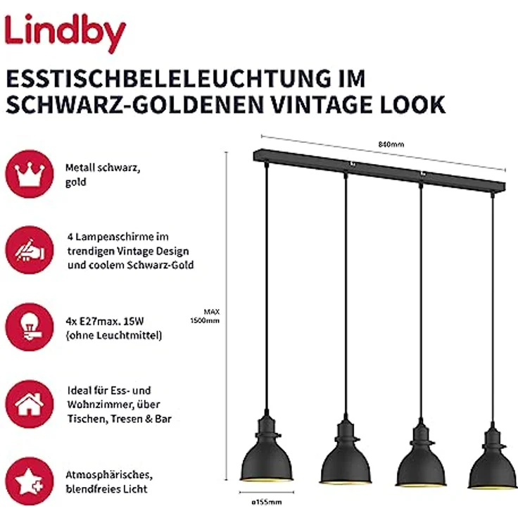 Lindby Pendelleuchte 'Jasminka', 4-flammig aus Metall in Schwarz und Gold, ideal für Küche und Esstische, E27 Fassungen, max. 60W pro Leuchtmittel – Bild 2