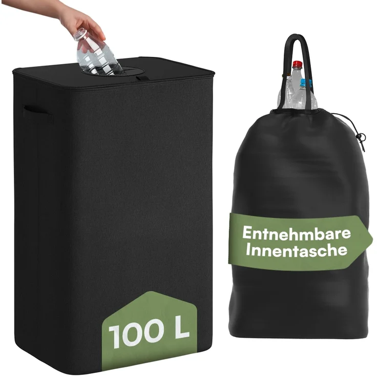 Bellamio 'Sur' Pfandflaschen Sammelbehälter mit Deckel aus Stoff 100L, herausnehmbare Innentasche mit Griffen, waschbar & tropfsicher, anthrazit – Bild 1