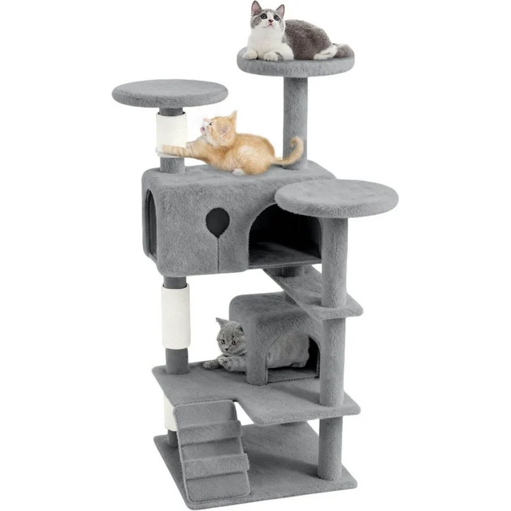 FIVMEN Kratzbaum Grosse 130cm mit Sisal-Seil, 2 Katzenhäusern Plattformen & Höhle, Katzenmöbel Katzenspielzeug für Katzen Beige Dunkelgrau Grau – Bild 1
