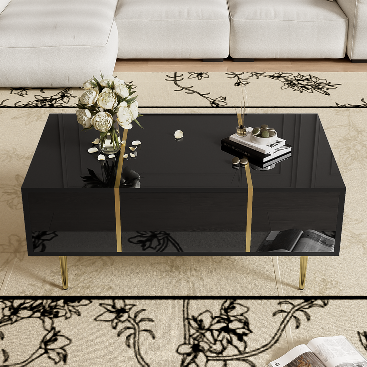 Couchtisch Schwarz Hochglanz mit Gold Akzenten,Sofatisch mit 2 Schubladen Stauraum