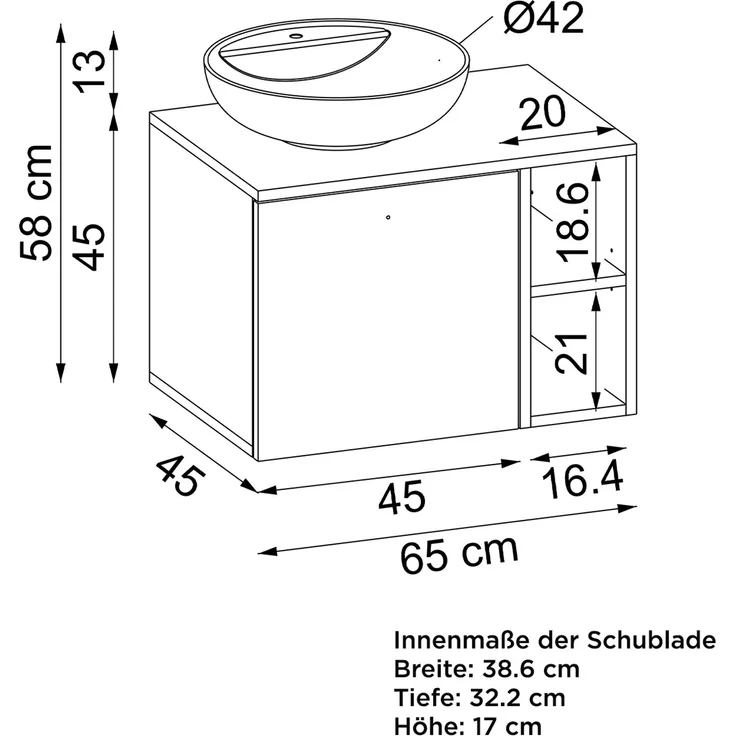 Roomart LOTUS-I-65 Badmöbel Set– 2-teiliges Badezimmermöbel Set - Waschbecken mit Unterschrank - H 45 x B 45 x T 65 cm • Weiß-Eiche – Bild 5