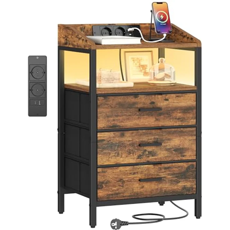 Nachttisch mit LED-Leuchten und ladefunktion, Beistelltisch mit 3 Stoff-Schubladen mit USB-Anschlüssen & Steckdosen, für Schlafzimmer, Wohnzimmer, Schwarz – Bild 1